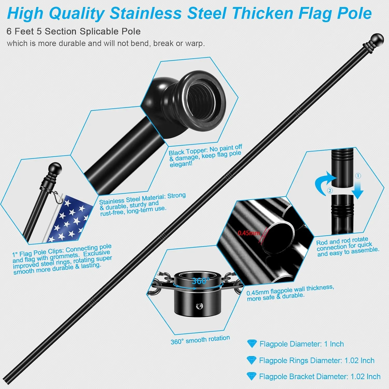 Upgraded Flag Pole Kit w/Mutil-Position Adjustable Bracket Holder & w/Spinning Rings - 5FT to 6Ft 1" Metal Flagpole Kit for 3x5 American Flag - House Wall Mount Flag Pole (6 FT, w/180° Black Bracket)