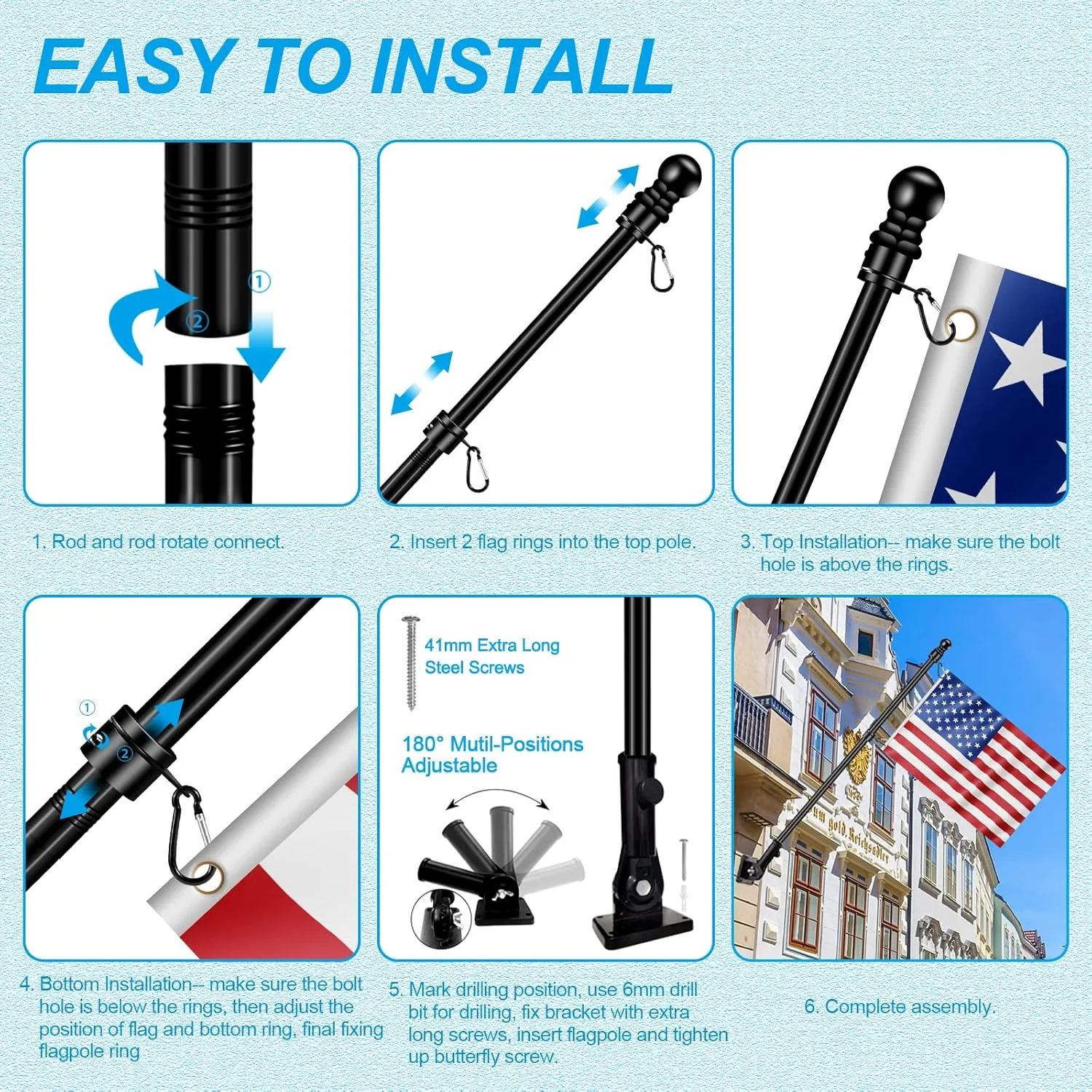 Upgraded Flag Pole Kit w/Mutil-Position Adjustable Bracket Holder & w/Spinning Rings - 5FT to 6Ft 1" Metal Flagpole Kit for 3x5 American Flag - House Wall Mount Flag Pole (6 FT, w/180° Black Bracket)