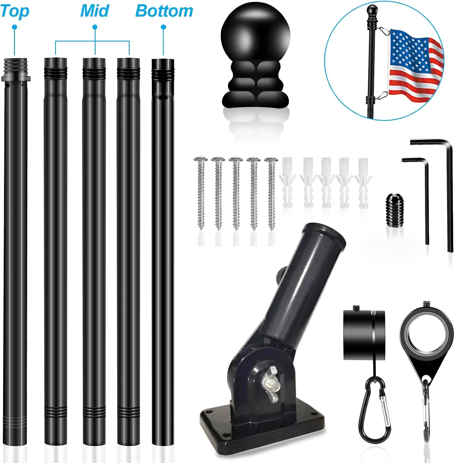 Upgraded Flag Pole Kit w/Mutil-Position Adjustable Bracket Holder & w/Spinning Rings - 5FT to 6Ft 1" Metal Flagpole Kit for 3x5 American Flag - House Wall Mount Flag Pole (6 FT, w/180° Black Bracket)