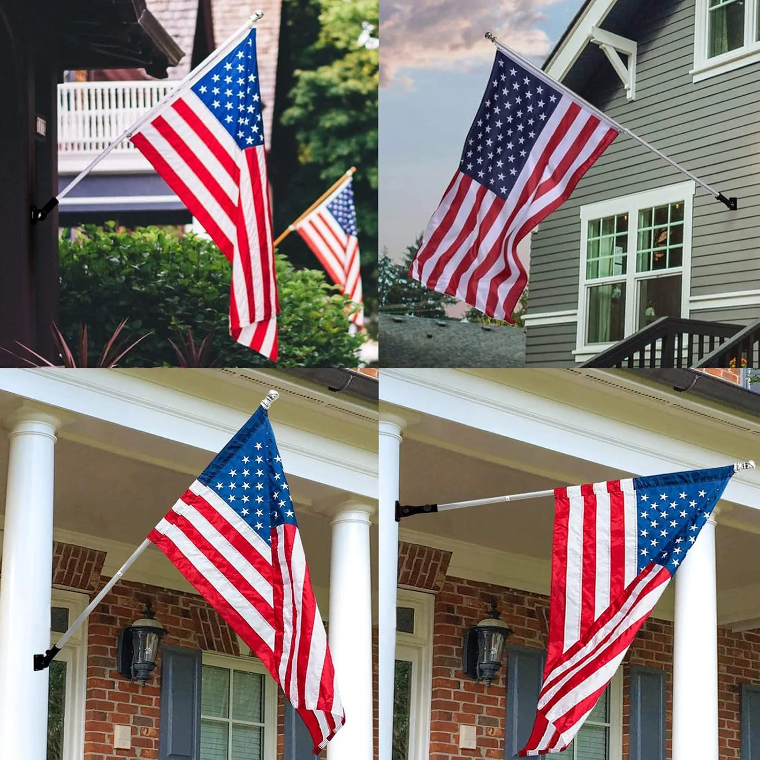 Upgraded Flag Pole Kit w/Mutil-Position Adjustable Bracket Holder & w/Spinning Rings - 5FT to 6Ft 1" Metal Flagpole Kit for 3x5 American Flag - House Wall Mount Flag Pole (6 FT, w/180° Black Bracket)