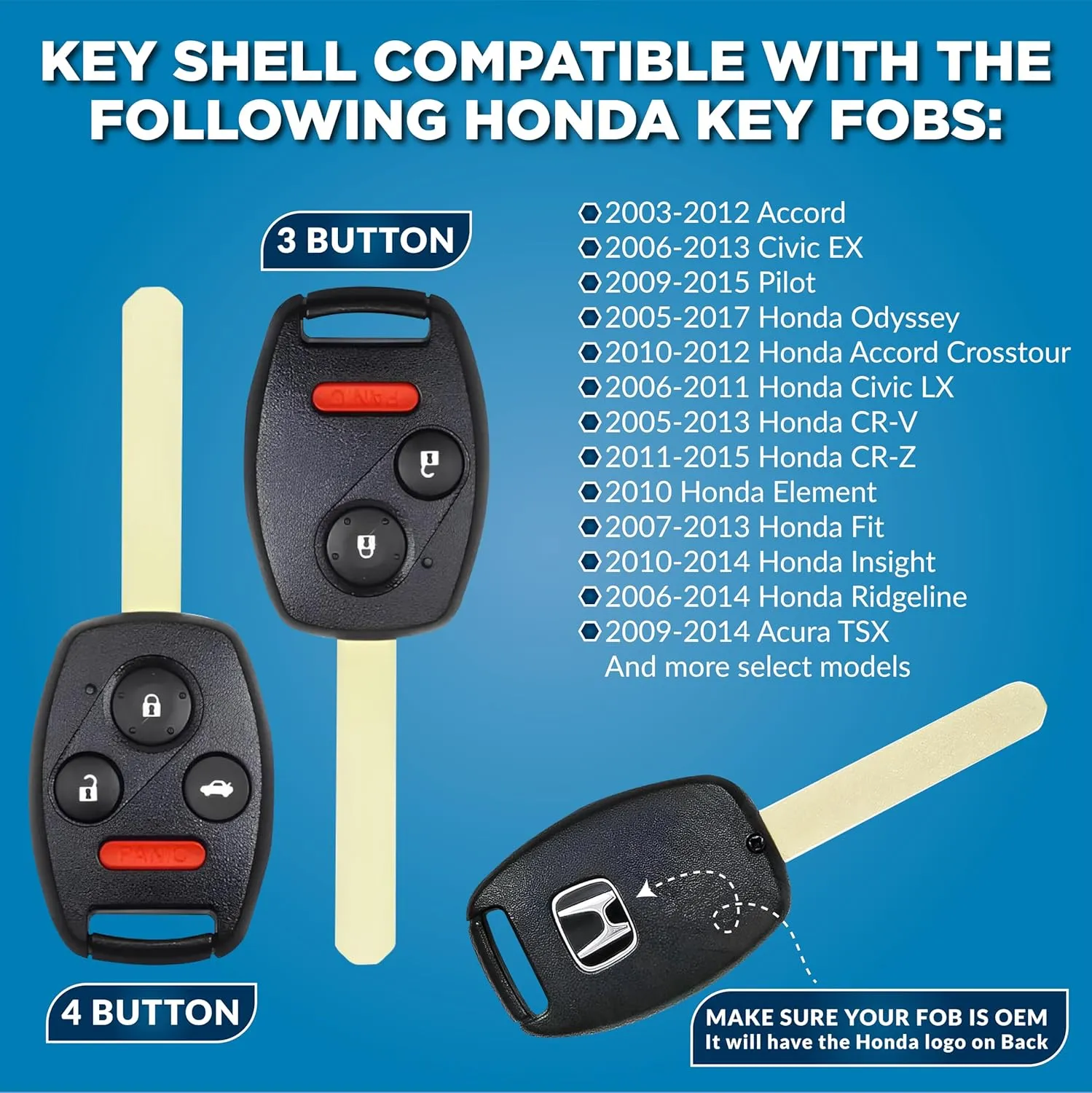 USA-Made Honda Key Fob Shell | Crack-Resistant & Durable | Seamless Fit | Enhanced Longevity & Functionality | Integrated Bottle Opener | Easy DIY Installation (Black, 4 Button)