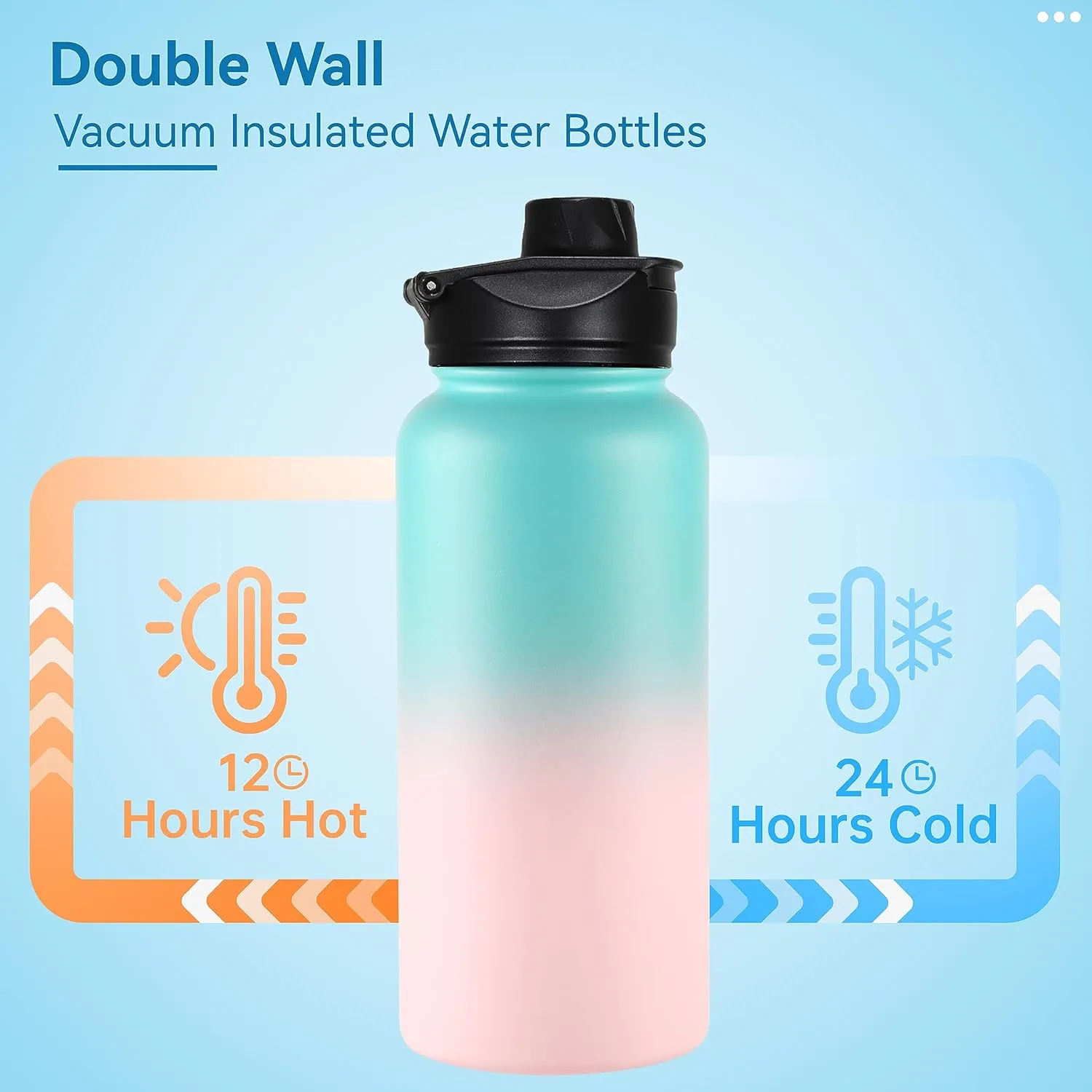 VEGOND 32 oz Insulated Water Bottle Bulk Stainless Steel Metal Water Bottles with Leak Proof Straw Lid & Spout Lid, Wide Mouth Double Walled Vacuum Travel Sports Bottle, 8 Pack