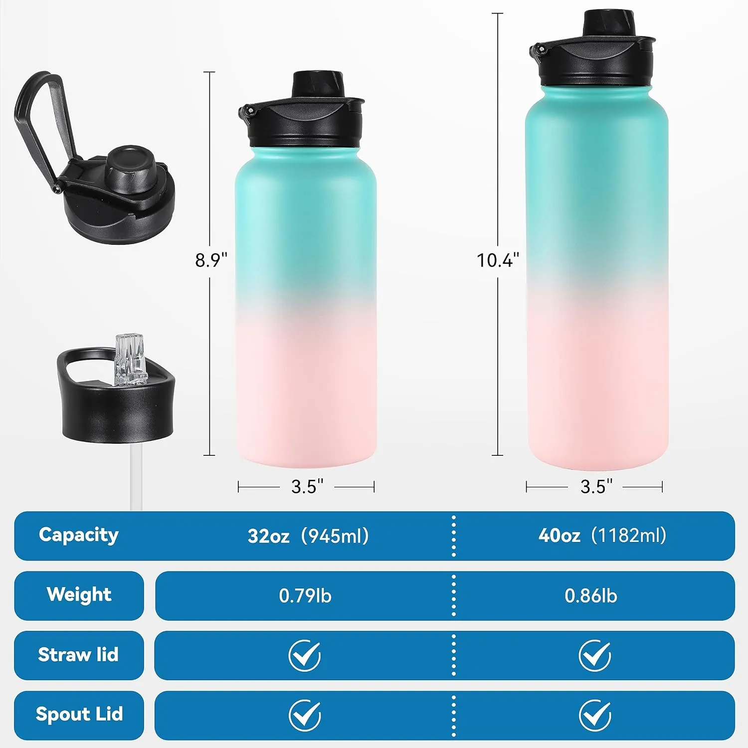 VEGOND 32 oz Insulated Water Bottle Bulk Stainless Steel Metal Water Bottles with Leak Proof Straw Lid & Spout Lid, Wide Mouth Double Walled Vacuum Travel Sports Bottle, 8 Pack