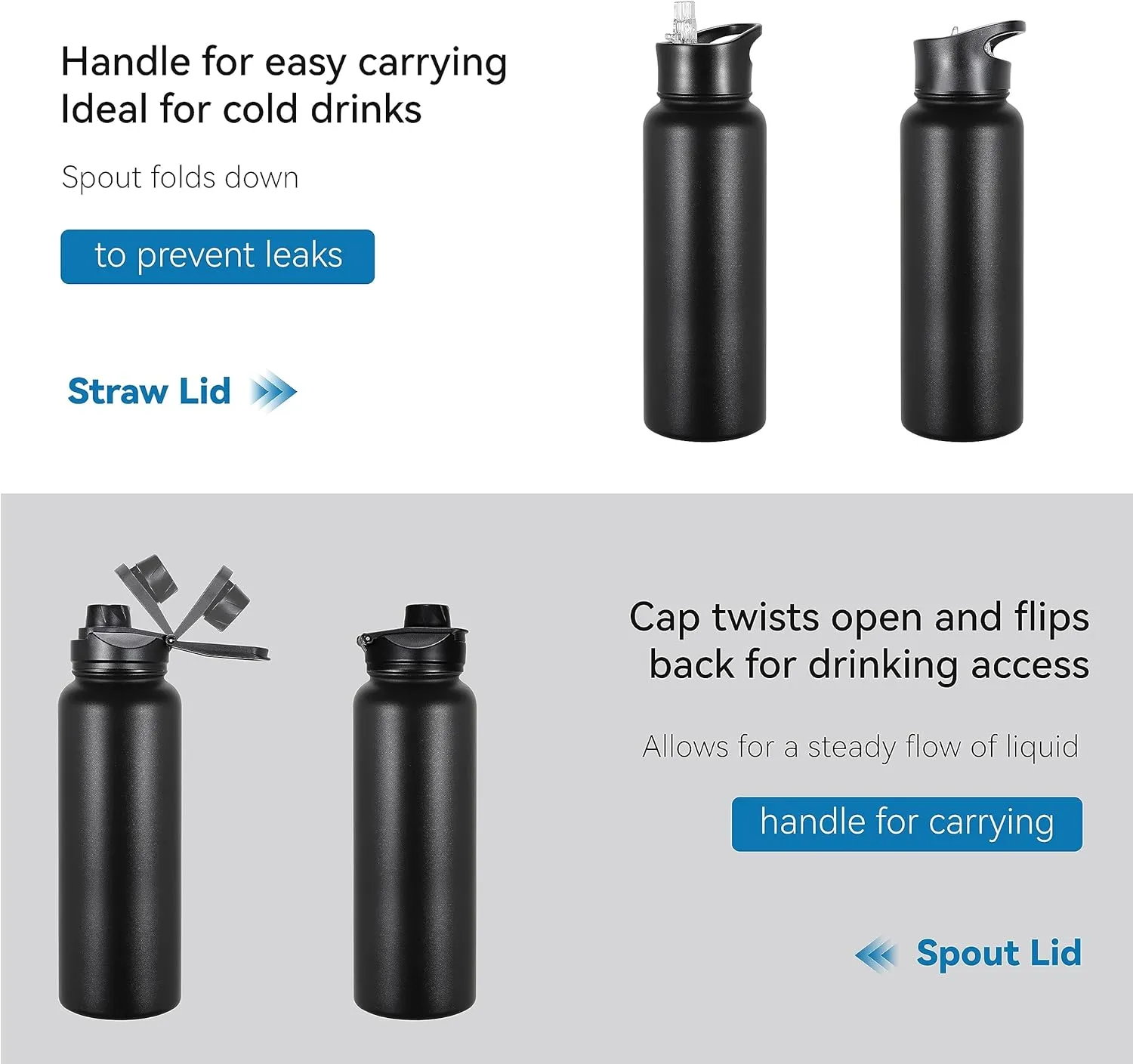 VEGOND 40 oz Insulated Water Bottle Bulk Stainless Steel Metal Water Bottles with Leak Proof Straw Lid & Spout Lid, Wide Mouth Double Walled Vacuum Travel Sports Bottle, 4 Pack