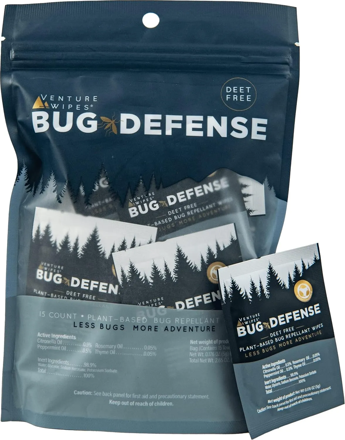 Venture Wipes Natural Mosquito Repellent Wipes - DEET-Free Bug Repellant - Long Lasting Insect Repellent Wipes - Travel Friendly - Citronella, Peppermint, and Rosemary Infused - 15 Count Bag