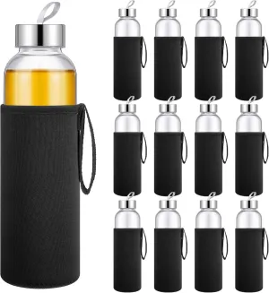 Vesici 12 Set 18 oz Clear Glass Water Bottles, Reusable Glass Juicing Bottles with Protection Sleeve and Stainless Steel Leak Proof Lids for Milk Smoothie Juice Beverage Tea (Black,Stylish)