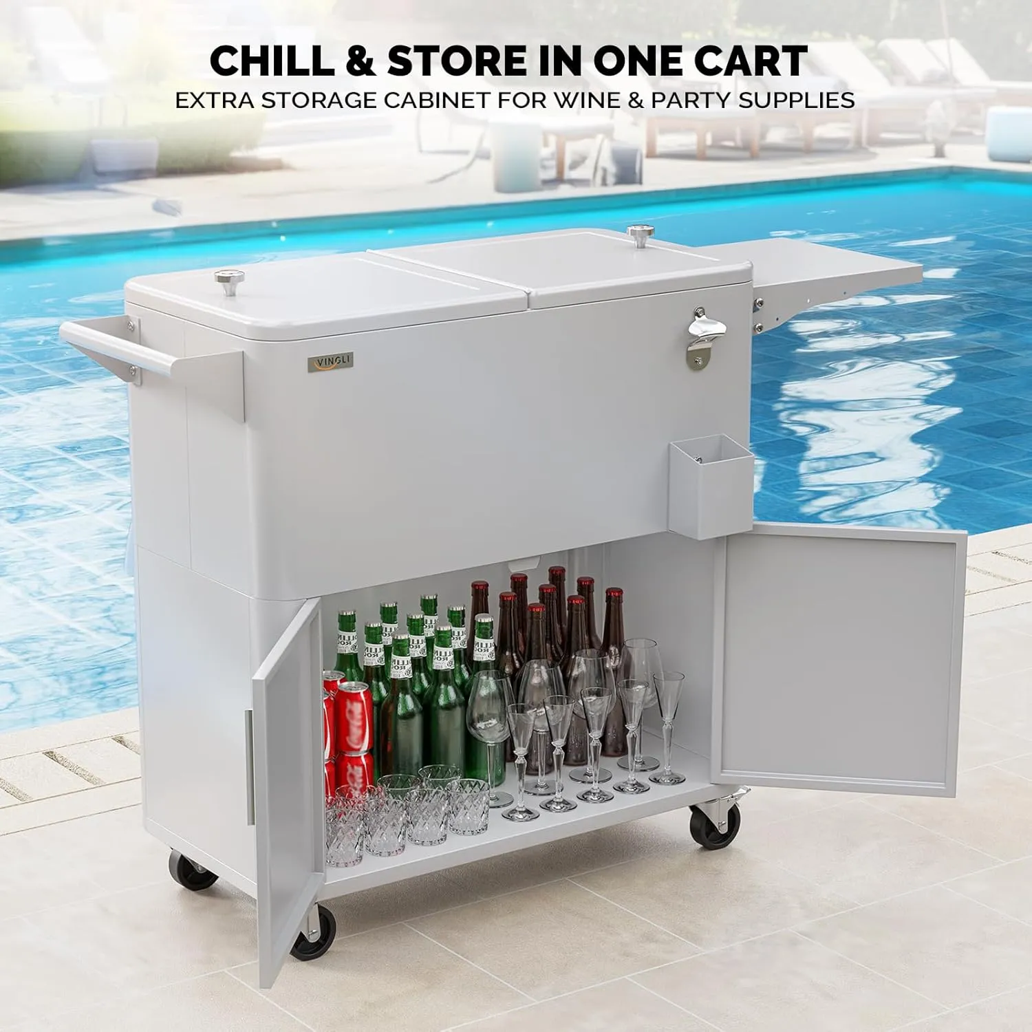 VINGLI 80 Quart Rolling Ice Chest on Wheels, Portable Patio Party Bar Drink Cooler Cart, with Shelf, Beverage Pool with Bottle Opener,Water Pipe