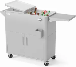 VINGLI 80 Quart Rolling Ice Chest on Wheels, Portable Patio Party Bar Drink Cooler Cart, with Shelf, Beverage Pool with Bottle Opener,Water Pipe