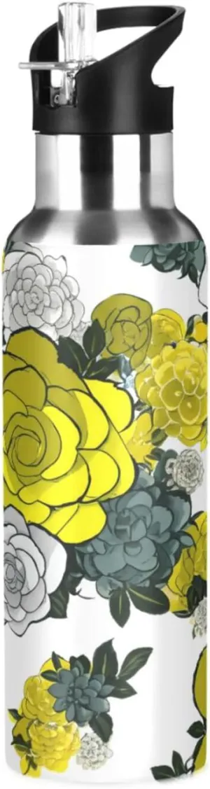 Vintage Flowers Sports Water Bottle with Straw, 22oz BPA Free Stainless Steel Vacuum Insulated Bottle for Gym Fitness Outdoor