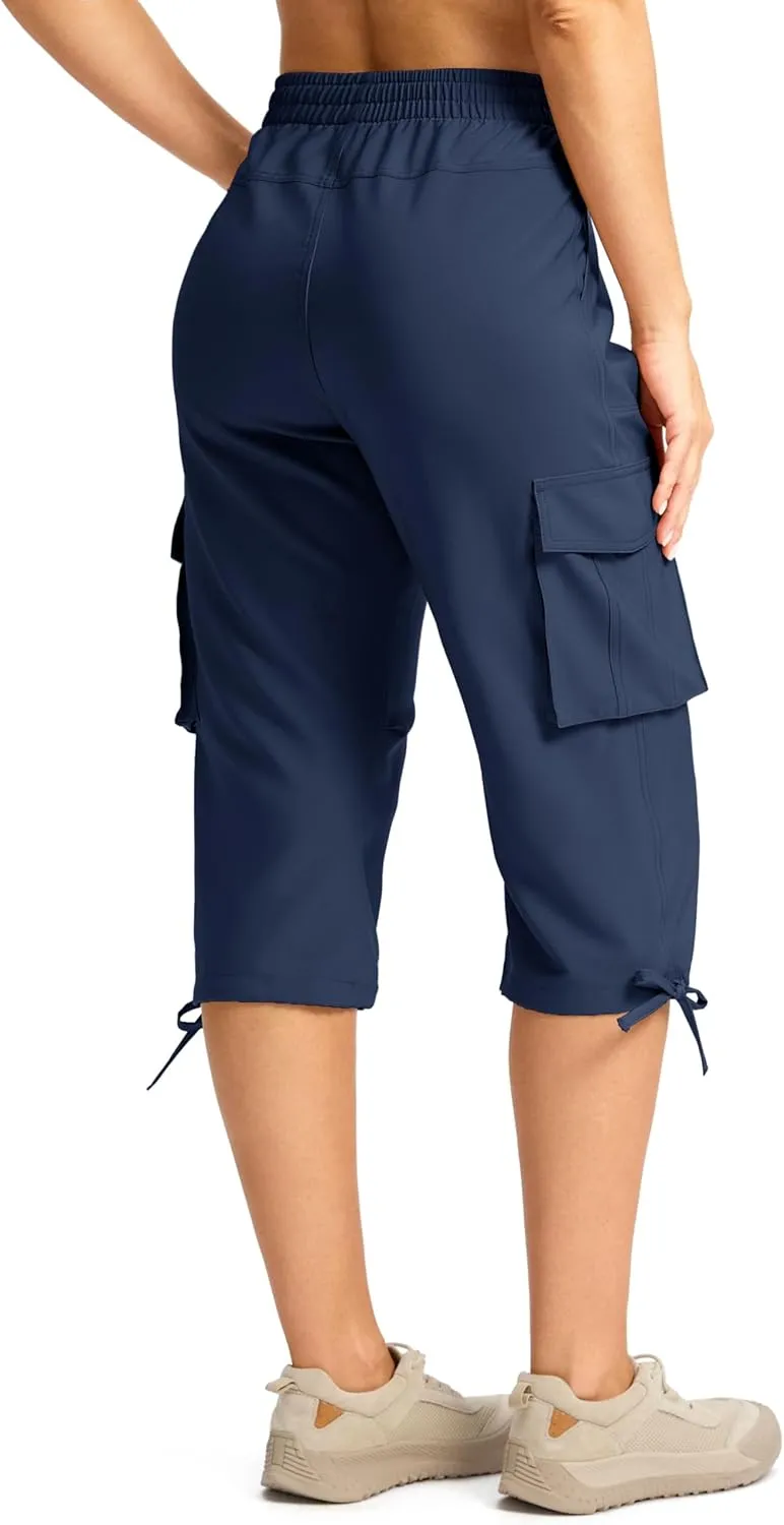 Viodia Cargo Capris for Women Lightweight Hiking Pants Stretch Elastic Waist Capri with Pockets for Summer Travel