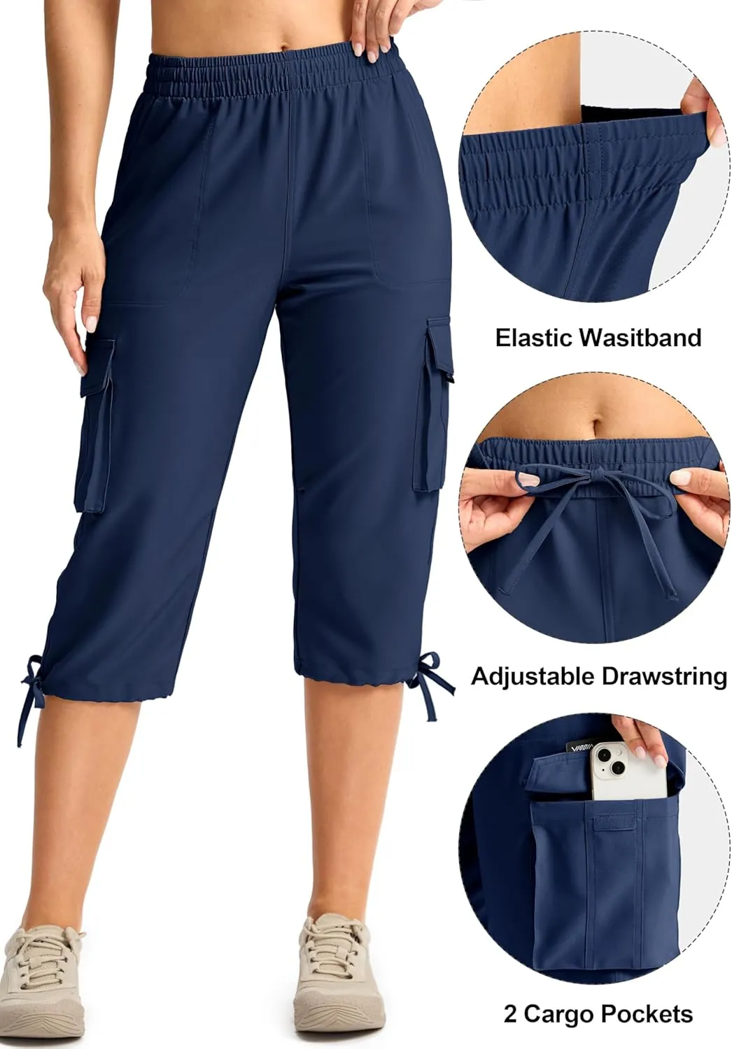 Viodia Cargo Capris for Women Lightweight Hiking Pants Stretch Elastic Waist Capri with Pockets for Summer Travel