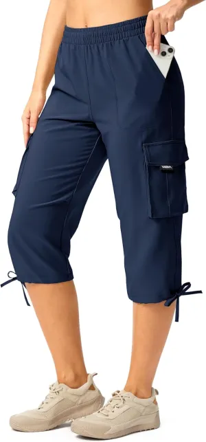 Viodia Cargo Capris for Women Lightweight Hiking Pants Stretch Elastic Waist Capri with Pockets for Summer Travel