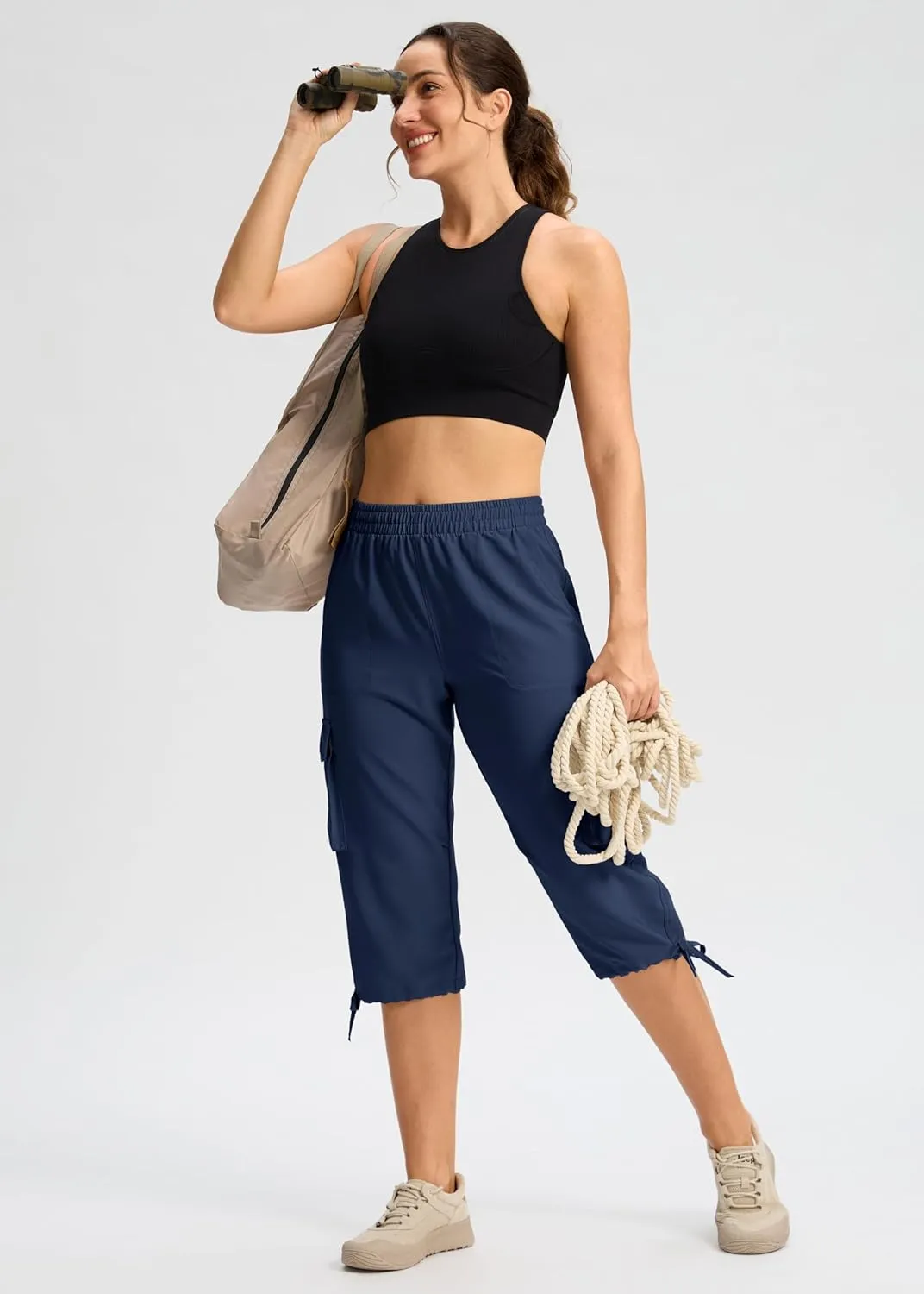 Viodia Cargo Capris for Women Lightweight Hiking Pants Stretch Elastic Waist Capri with Pockets for Summer Travel