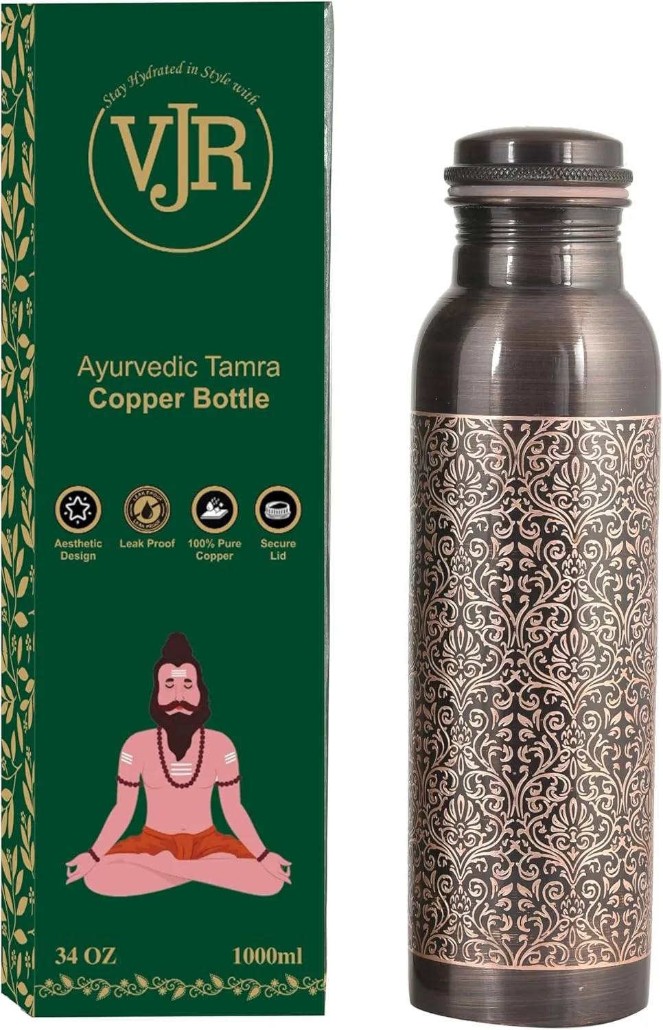 VJR 100% Pure Copper Water Bottle for Drinking, 32 Oz Large Hammered Ayurvedic Bottle with 2 Pockets Canvas Bag Leak-Proof Insulated Copper Utensil