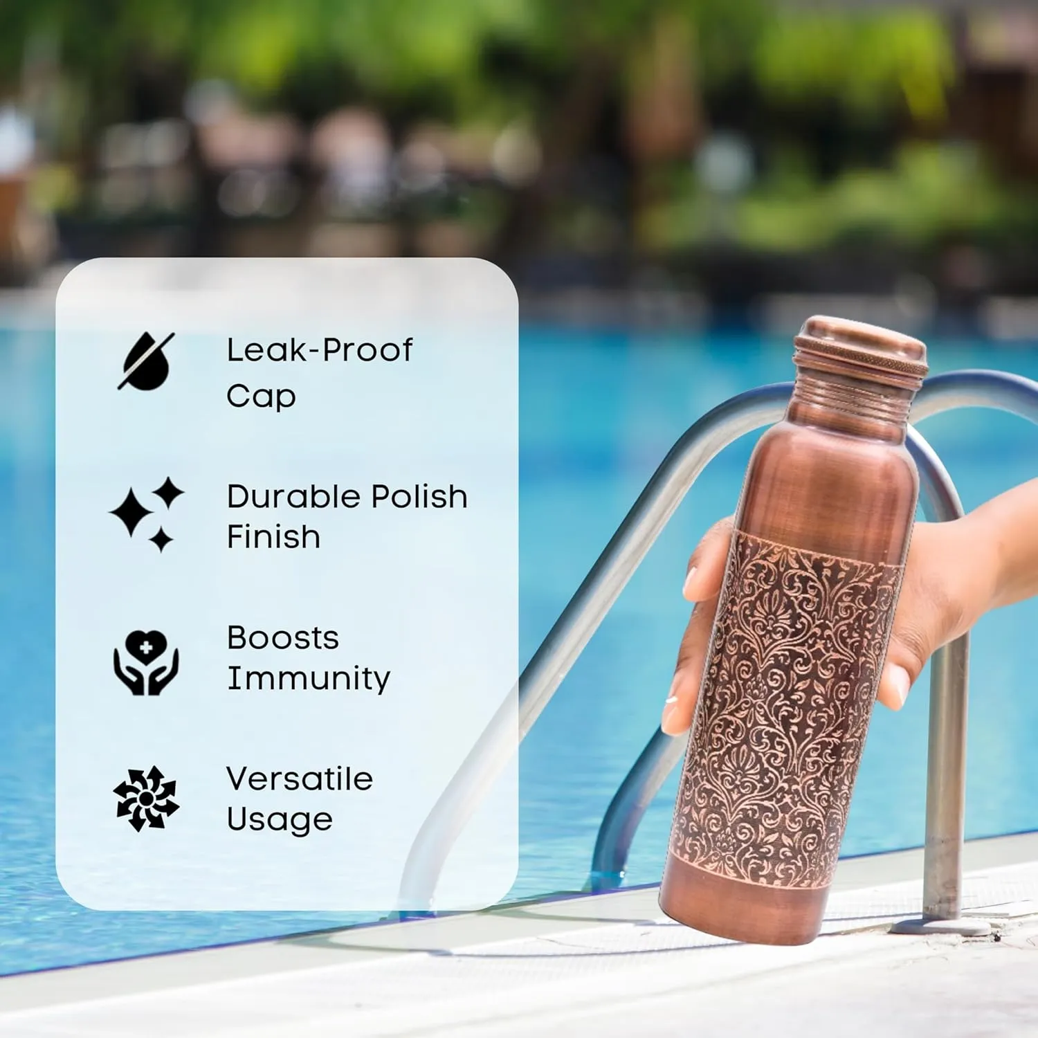 VJR 100% Pure Copper Water Bottle for Drinking, 32 Oz Large Hammered Ayurvedic Bottle with 2 Pockets Canvas Bag Leak-Proof Insulated Copper Utensil
