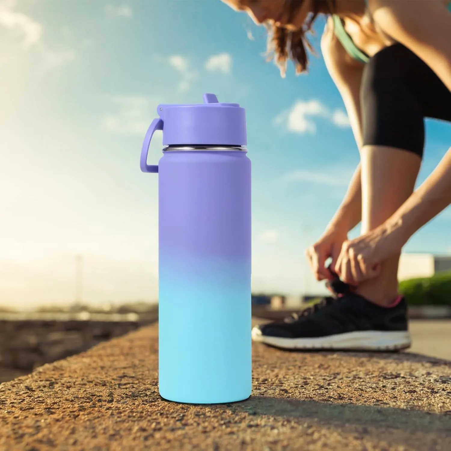 Volhoply 20oz Insulated Stainless Steel Water Bottle With Straw Lid Bulk 8 Pack,Kids Double Wall Vacuum Thermos With Handle,Reusable Outdoor Sports Metal Bottles,Travel Flask Keep Cold(Purple Blue,8)