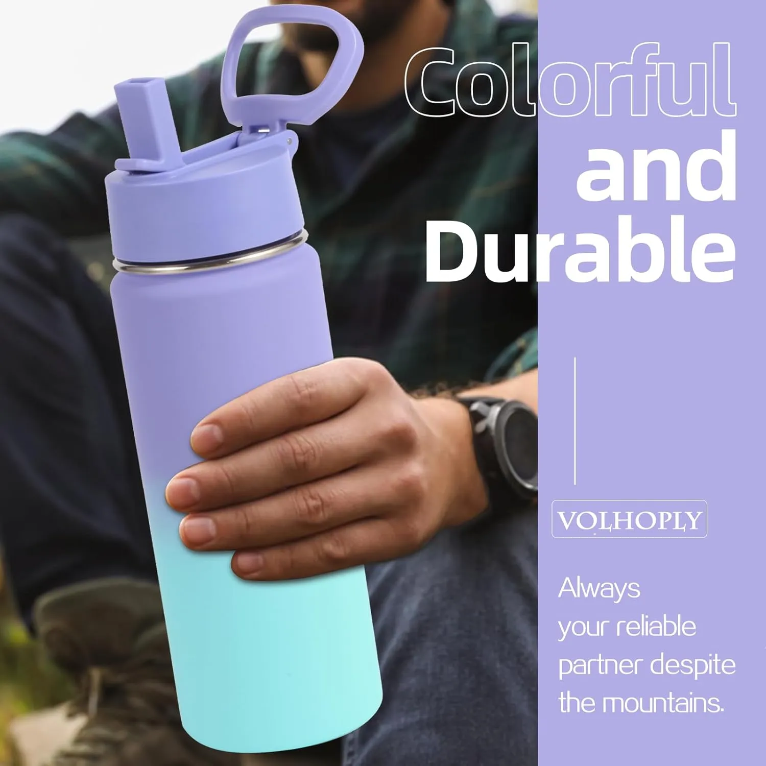 Volhoply 20oz Insulated Stainless Steel Water Bottle With Straw Lid Bulk 8 Pack,Kids Double Wall Vacuum Thermos With Handle,Reusable Outdoor Sports Metal Bottles,Travel Flask Keep Cold(Purple Blue,8)