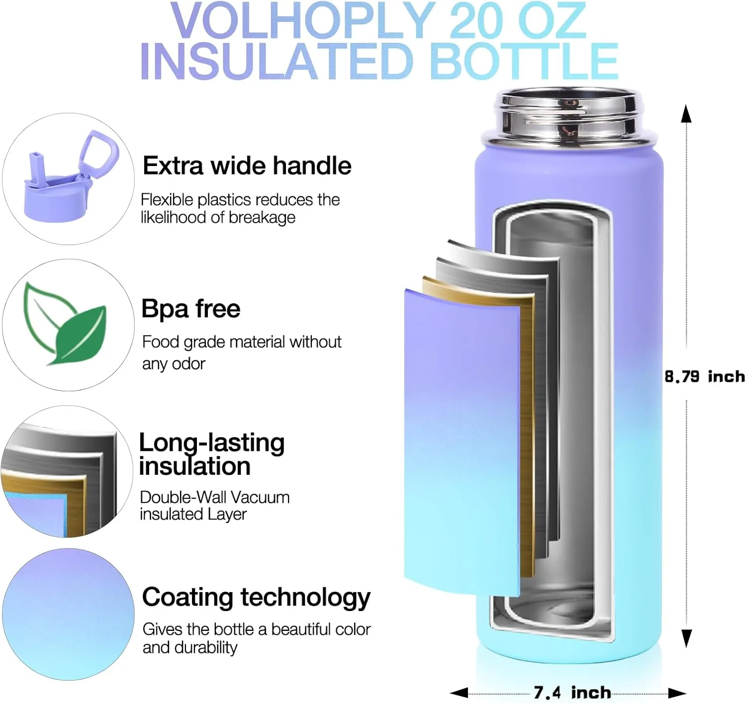 Volhoply 20oz Insulated Stainless Steel Water Bottle With Straw Lid Bulk 8 Pack,Kids Double Wall Vacuum Thermos With Handle,Reusable Outdoor Sports Metal Bottles,Travel Flask Keep Cold(Purple Blue,8)