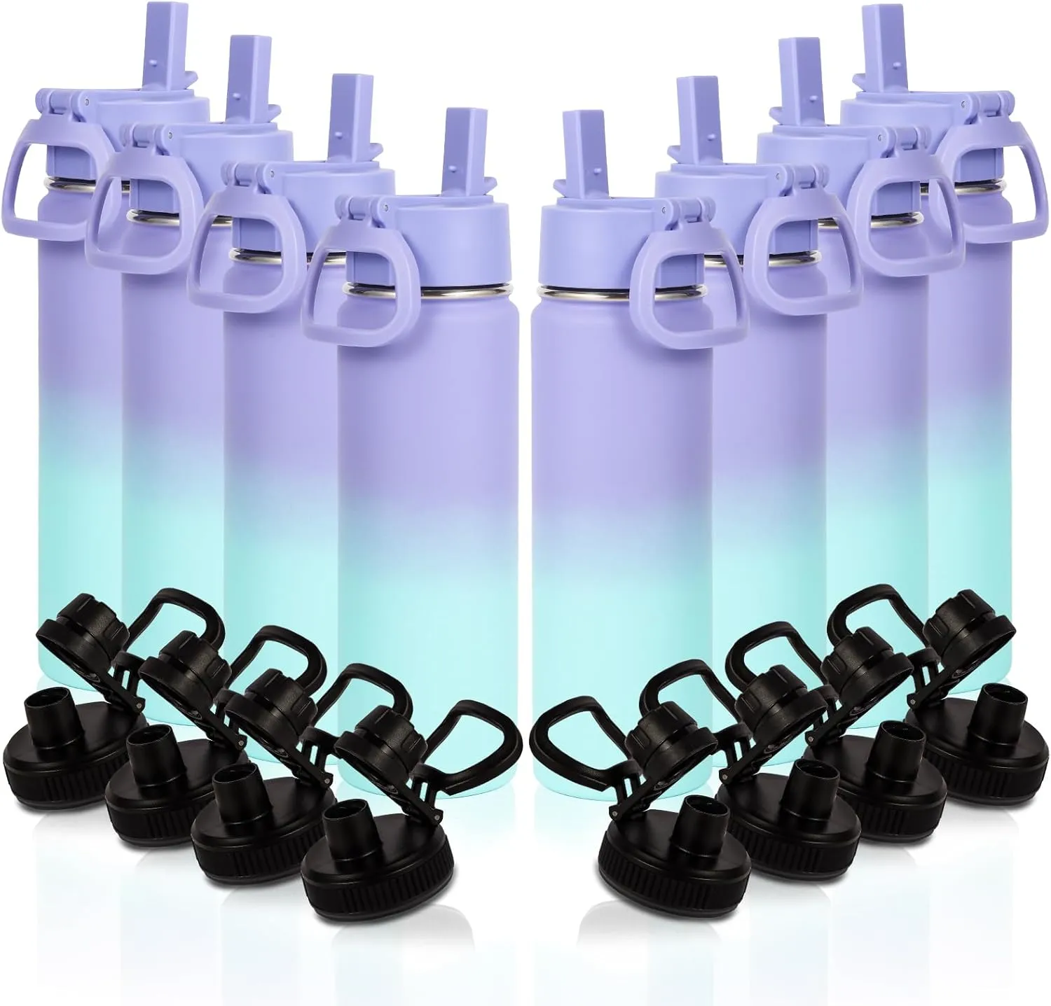 Volhoply 20oz Insulated Stainless Steel Water Bottle With Straw Lid Bulk 8 Pack,Kids Double Wall Vacuum Thermos With Handle,Reusable Outdoor Sports Metal Bottles,Travel Flask Keep Cold(Purple Blue,8)