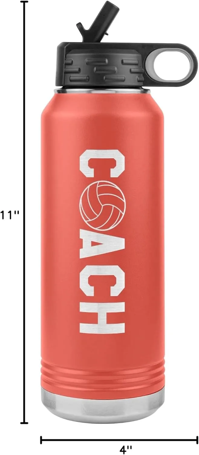 Volleyball Coach Water Bottle - 32oz Insulated Engraved Stainless Steel Flip Top With Straw Volleyball Coach Gift Coral