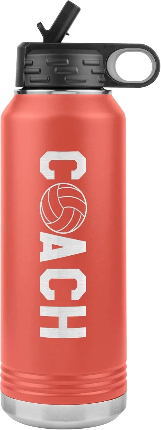 Volleyball Coach Water Bottle - 32oz Insulated Engraved Stainless Steel Flip Top With Straw Volleyball Coach Gift Coral