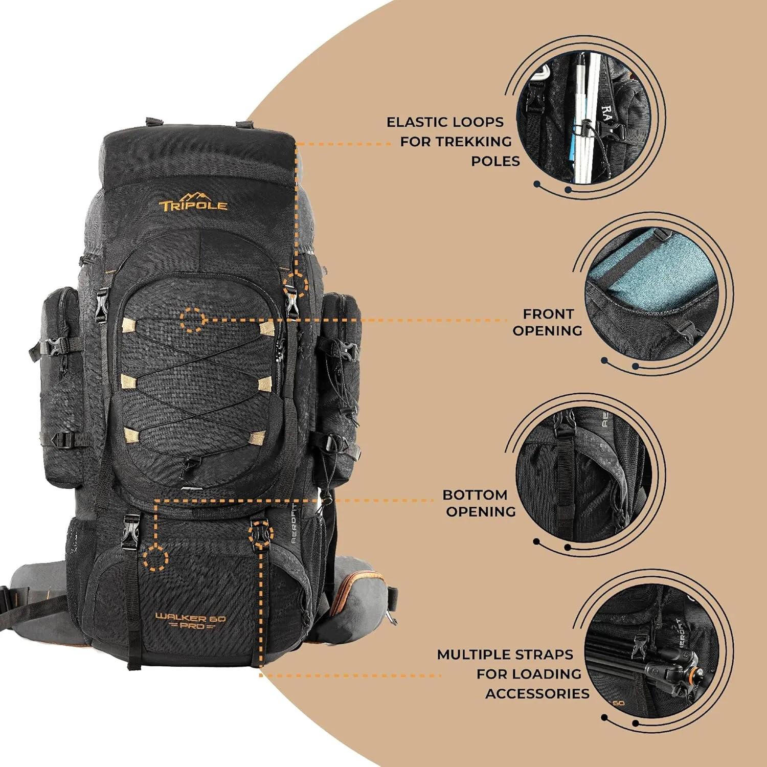 Walker Pro Internal Frame Rucksack for Trekking and Hiking (Black, 60)