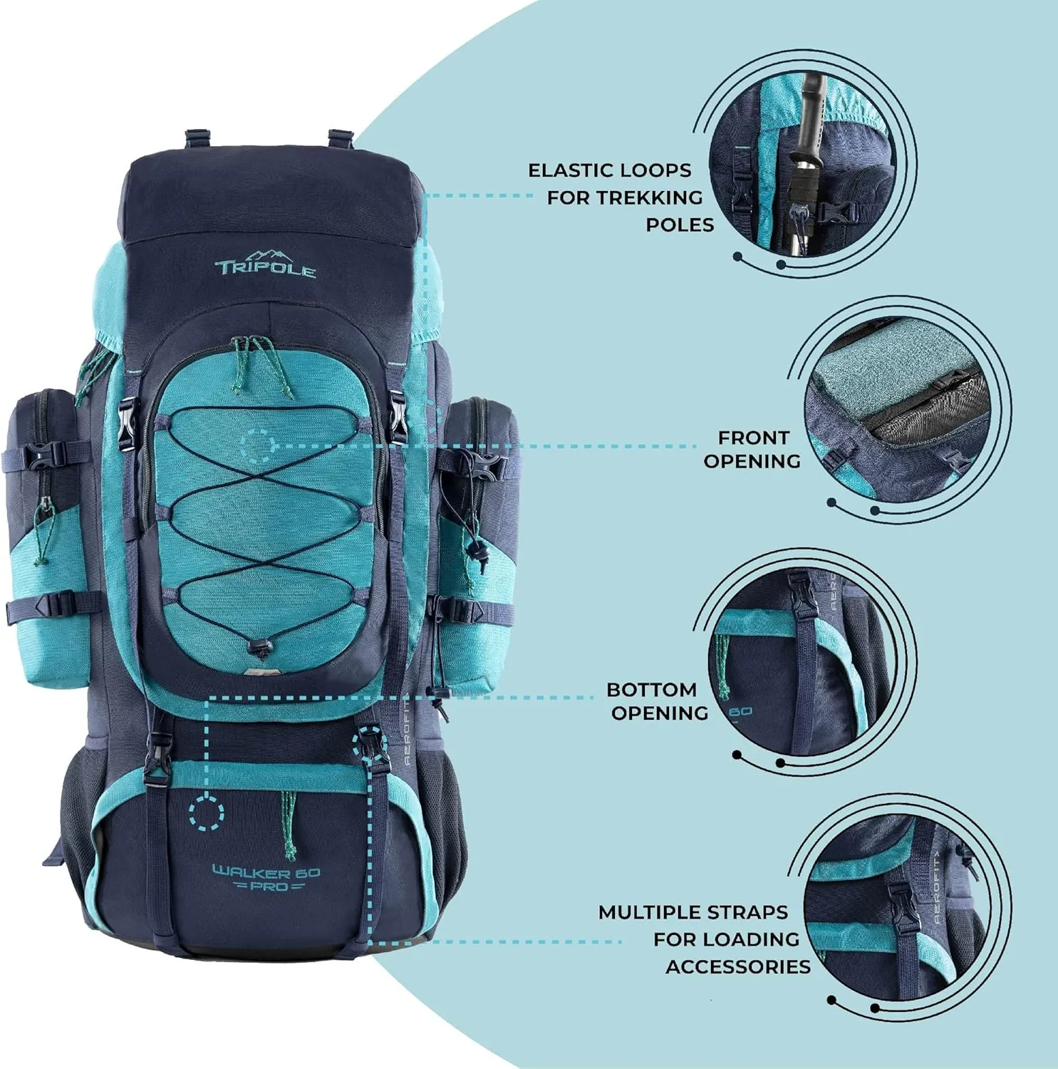 Walker Pro Rucksack for Trekking and Hiking (Navy Blue, 60)