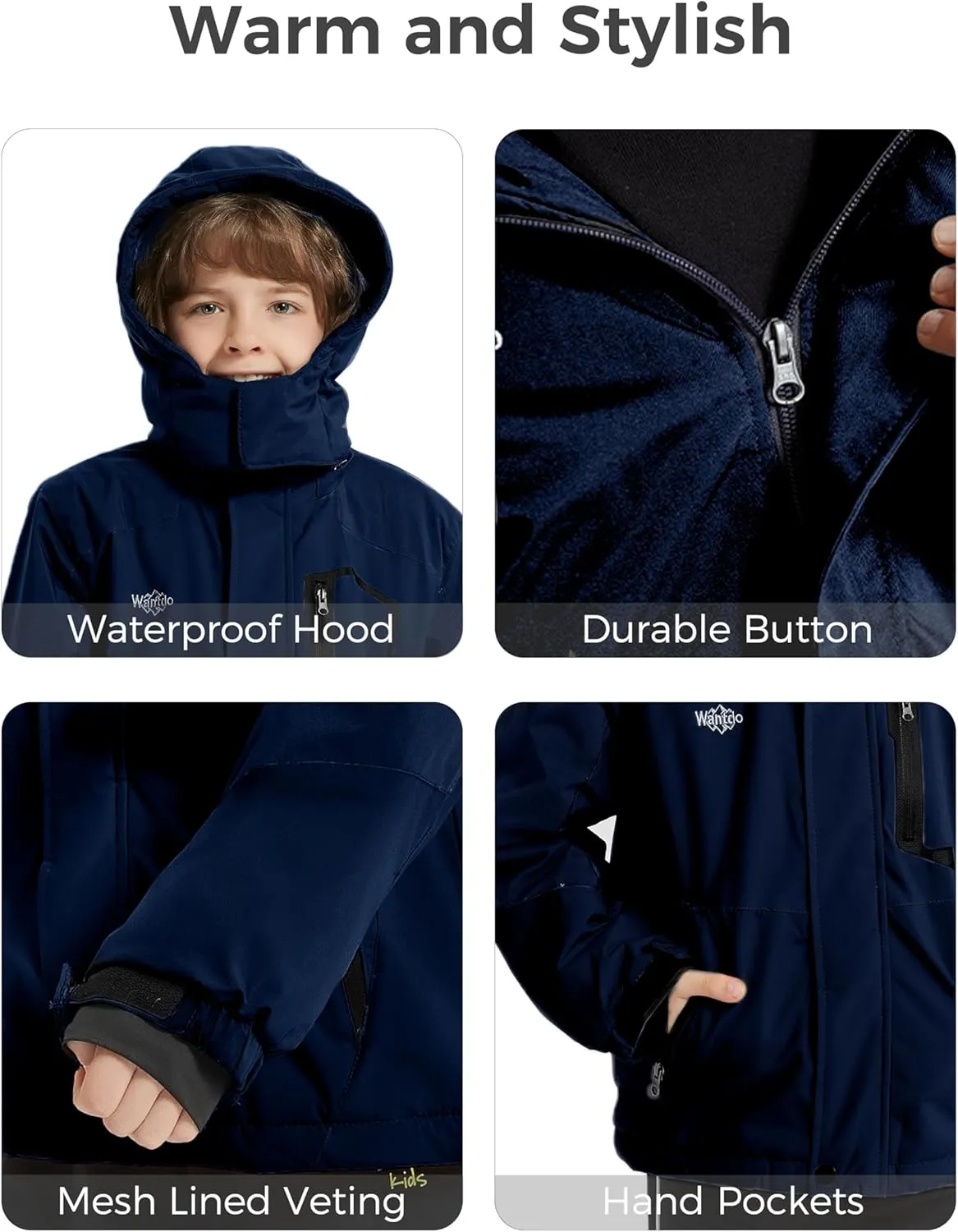 Wantdo Boy's Waterproof Ski Jacket Fleece Snowboarding Jackets Warm Thick Winter Coat Hooded Raincoats