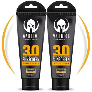 Warrior Sunscreen SPF 30 Lotion - Water & Sweat Resistant Body Lotion with SPF - Mineral Formula Lotion (3oz) 2 Pack -15 SPF Lip Balm - Chapstick 4 Pack - DEET Free Bug Shield Pump Spray (4oz)