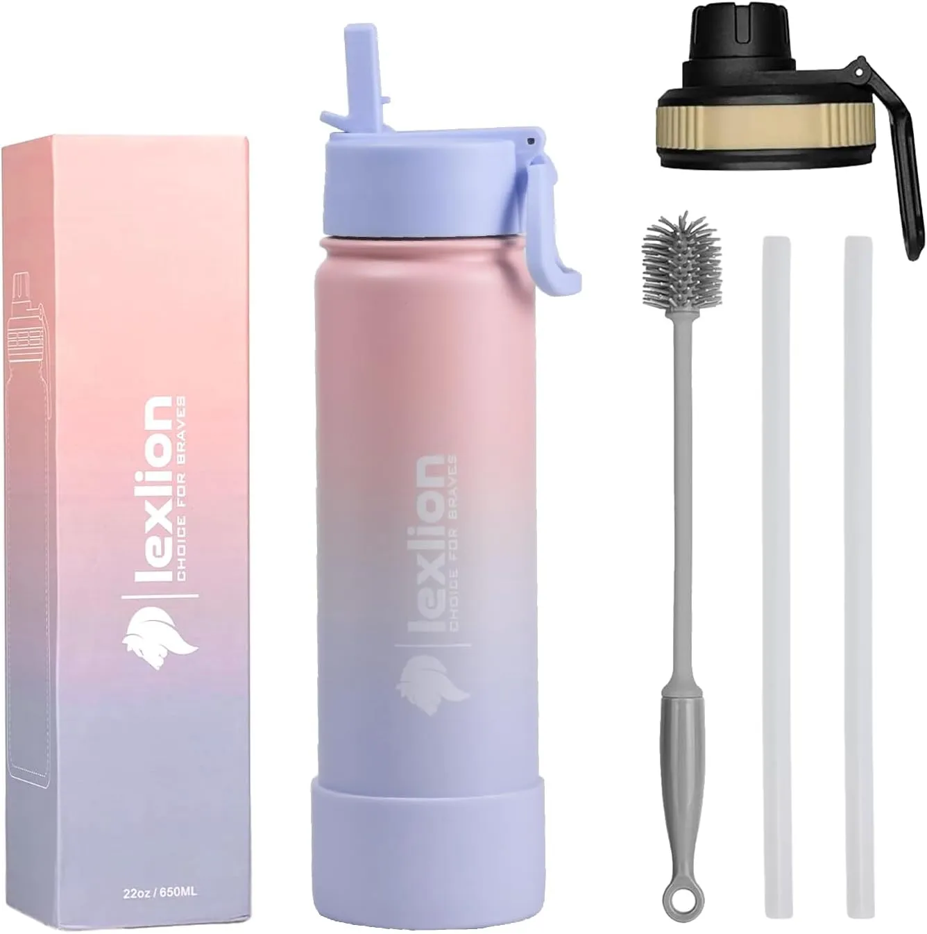 Water Bottle 22oz, Triple Walled Insulated Stainless Steel Reusable Bottle, Silicone Sleeve, 2 Lids (Spout lid & Straw lid w/2 straw), Metal Mug Gallon, BPA Free, Pinky