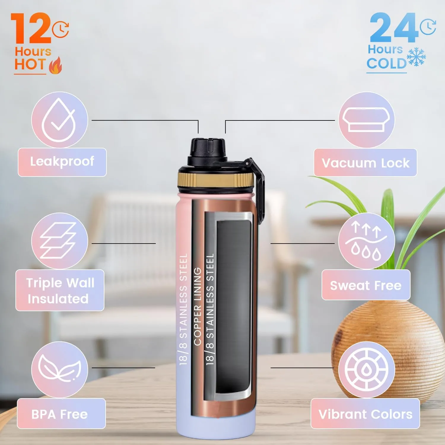 Water Bottle 22oz, Triple Walled Insulated Stainless Steel Reusable Bottle, Silicone Sleeve, 2 Lids (Spout lid & Straw lid w/2 straw), Metal Mug Gallon, BPA Free, Pinky