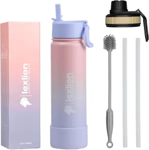 Water Bottle 22oz, Triple Walled Insulated Stainless Steel Reusable Bottle, Silicone Sleeve, 2 Lids (Spout lid & Straw lid w/2 straw), Metal Mug Gallon, BPA Free, Pinky
