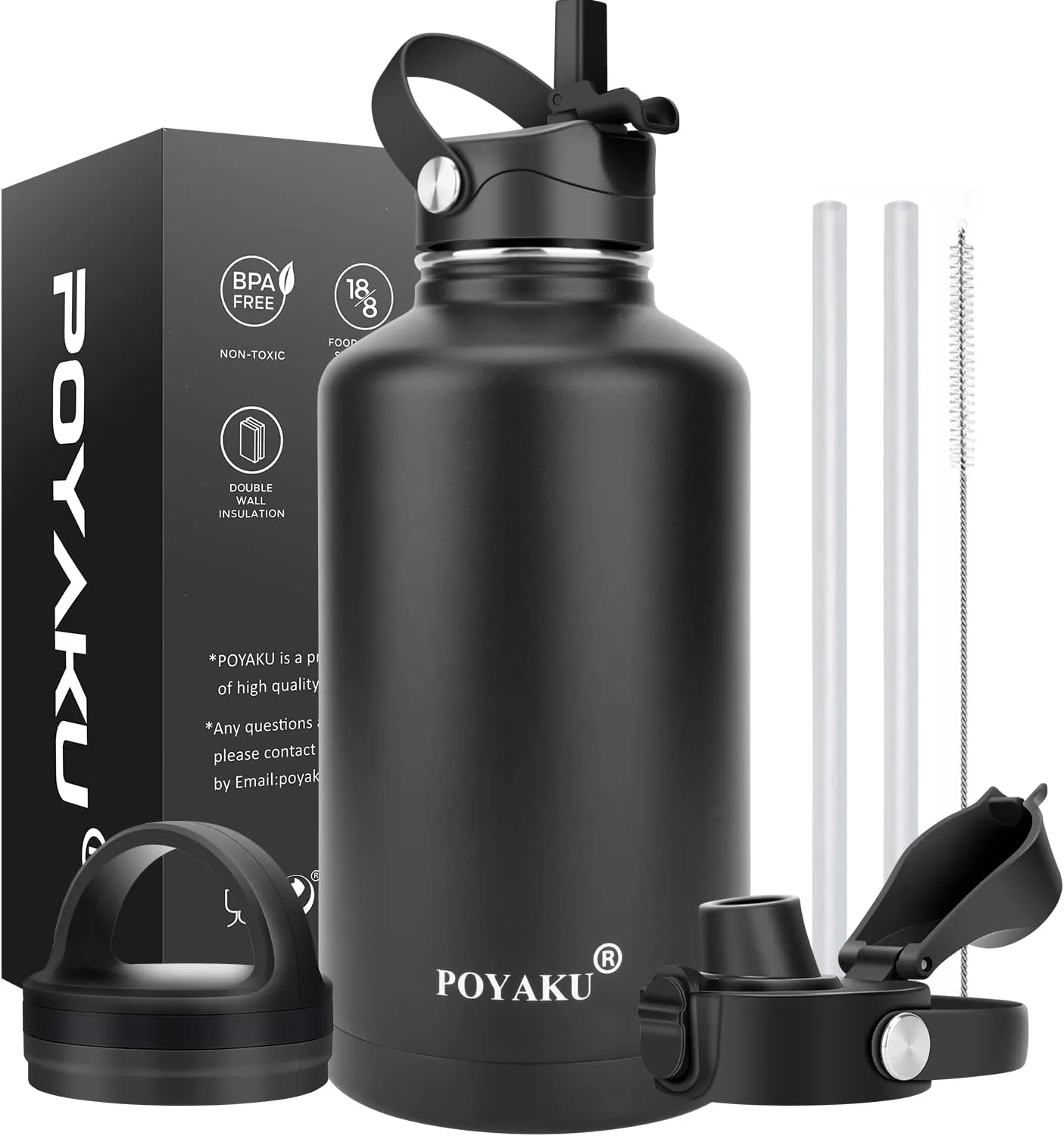 Water Bottle Insulated 32oz 40oz 64oz 128oz Straw Lid Spout Lid & 3 Lids, Leak Proof, Vacuum Insulated,Stainless Steel Water Bottle Wide Mouth for Sports, Gym or Office