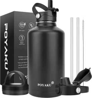 Water Bottle Insulated 32oz 40oz 64oz 128oz Straw Lid Spout Lid & 3 Lids, Leak Proof, Vacuum Insulated,Stainless Steel Water Bottle Wide Mouth for Sports, Gym or Office