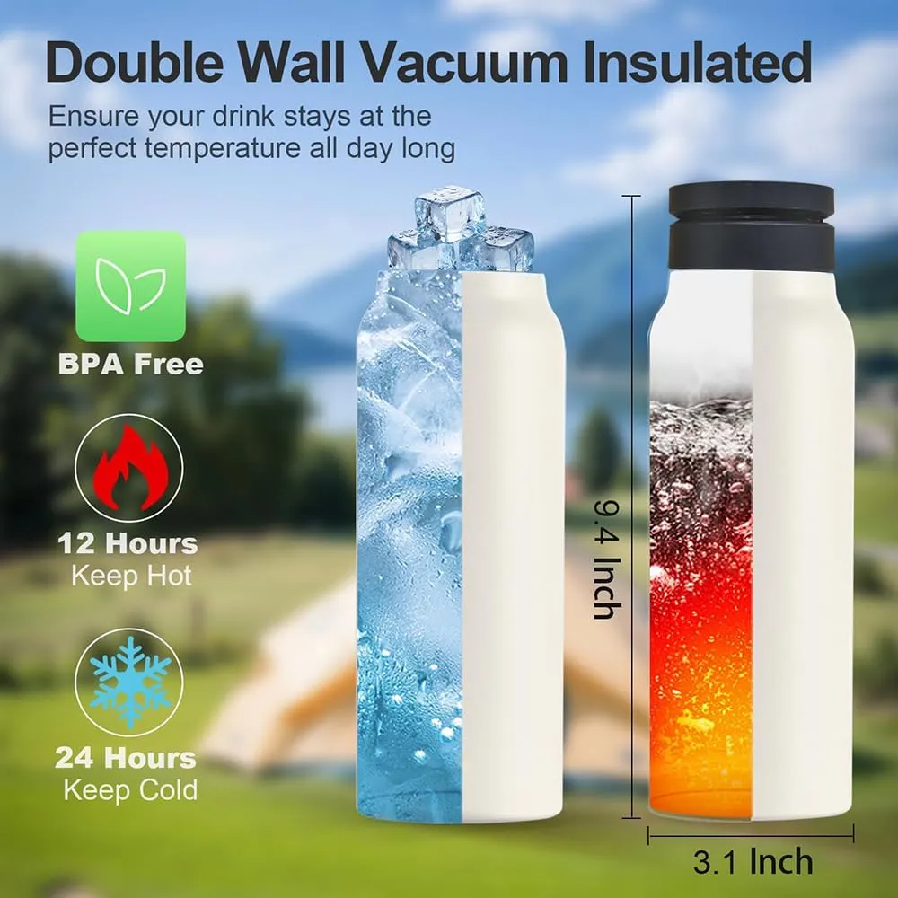 Water Bottle with Magnetic Phone Holder Lid - Insulated, Double Wall Stainless Steel Mag-safe Water Bottle With Straw & Magnet Mount for Gym, Travel, Sports - Hot & Cold (White 24 Oz)