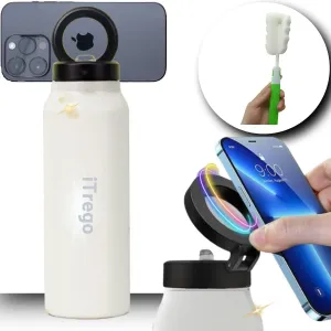 Water Bottle with Magnetic Phone Holder Lid - Insulated, Double Wall Stainless Steel Mag-safe Water Bottle With Straw & Magnet Mount for Gym, Travel, Sports - Hot & Cold (White 24 Oz)