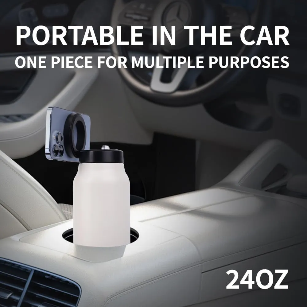 Water Bottle with Magnetic Phone Holder Lid - Insulated, Double Wall Stainless Steel Mag-safe Water Bottle With Straw & Magnet Mount for Gym, Travel, Sports - Hot & Cold (White 24 Oz)