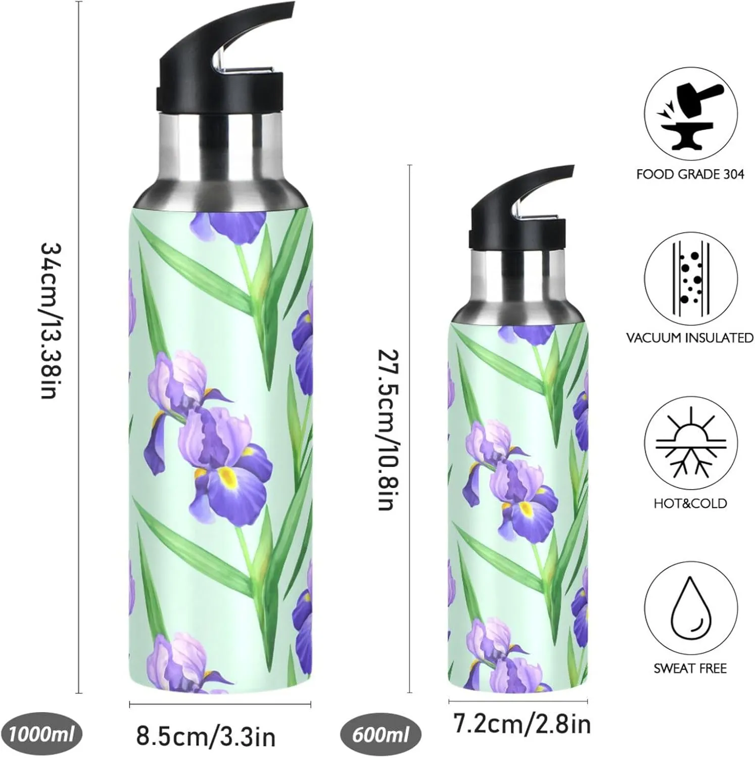 Watercolor Flowers Sports Water Bottle with Straw, 22oz BPA Free Stainless Steel Vacuum Insulated Bottle for Gym Fitness Outdoor