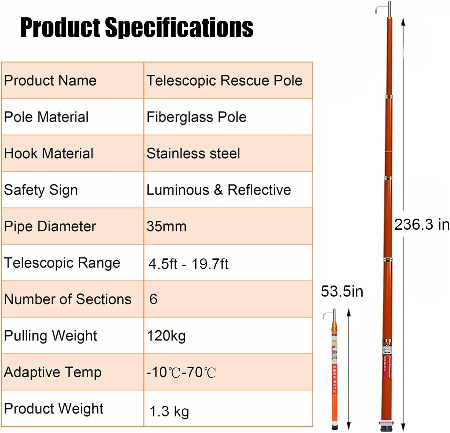 WDJBPSH Protable Fibreglass Boating Hooks with Telescopic Rod, Night Reflective Salvage Pole for Swimming & Boat, 4 5 6 M Lenght Professional Rescue Equipment Tool