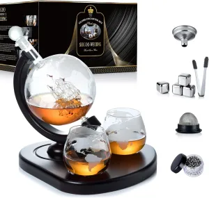 Whiskey Decanter Set,Globe Decanter,Whiskey Gifts for Men Husband Him Boyfriend Dad Women,with 2 Glasses,Beads,4 Ice Cubes,Tong & Funnel,Beverage Drink Dispenser,for Whisky,Liquor,Wine,Brandy,Cognac