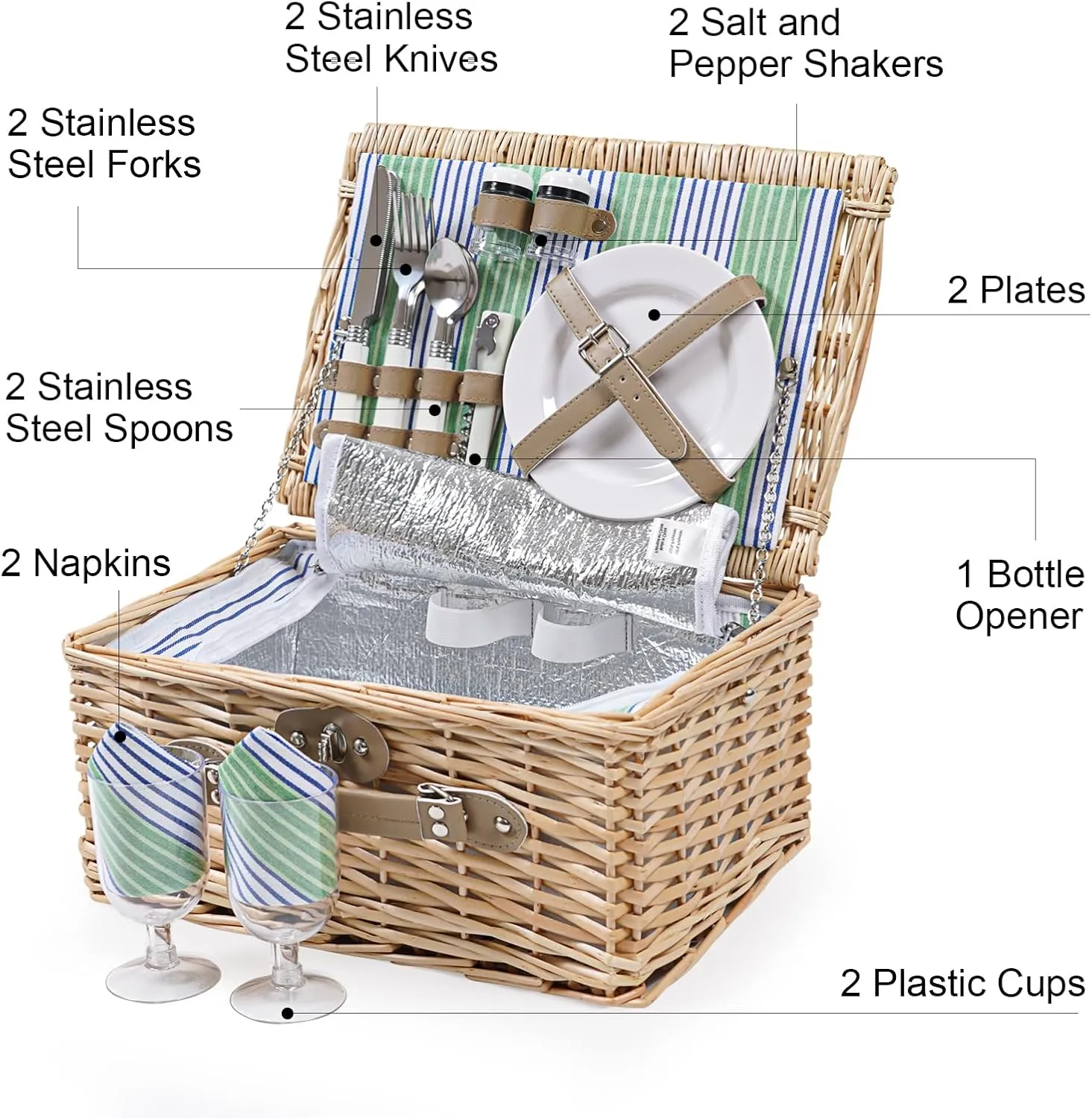 Wicker Picnic Basket for 2 Person, Willow Hamper Basket Sets with Insulated Compartment, Handmade 2 Person Picnic Basket Classical Green Stripe with Utensils Cutlery Perfect for Picnic, Camping