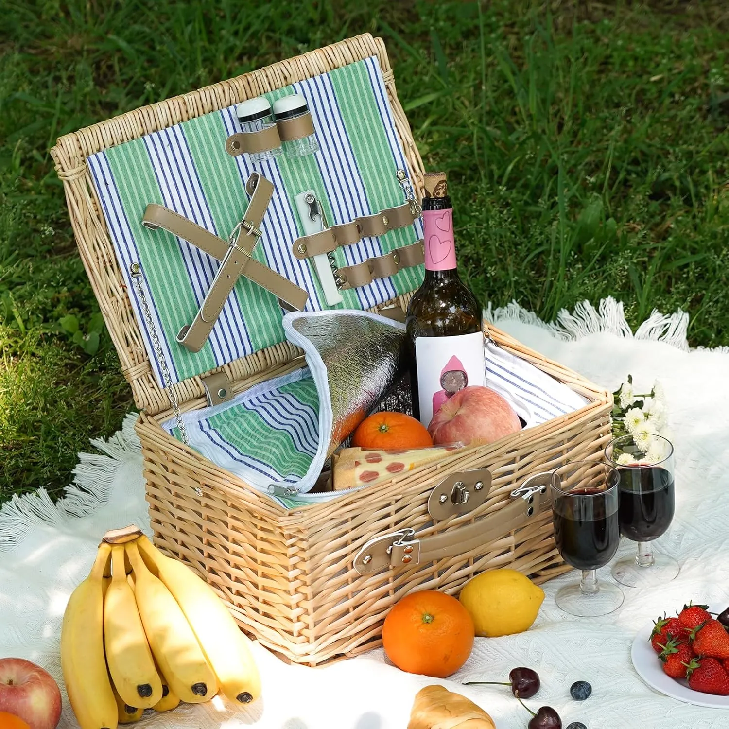 Wicker Picnic Basket for 2 Person, Willow Hamper Basket Sets with Insulated Compartment, Handmade 2 Person Picnic Basket Classical Green Stripe with Utensils Cutlery Perfect for Picnic, Camping