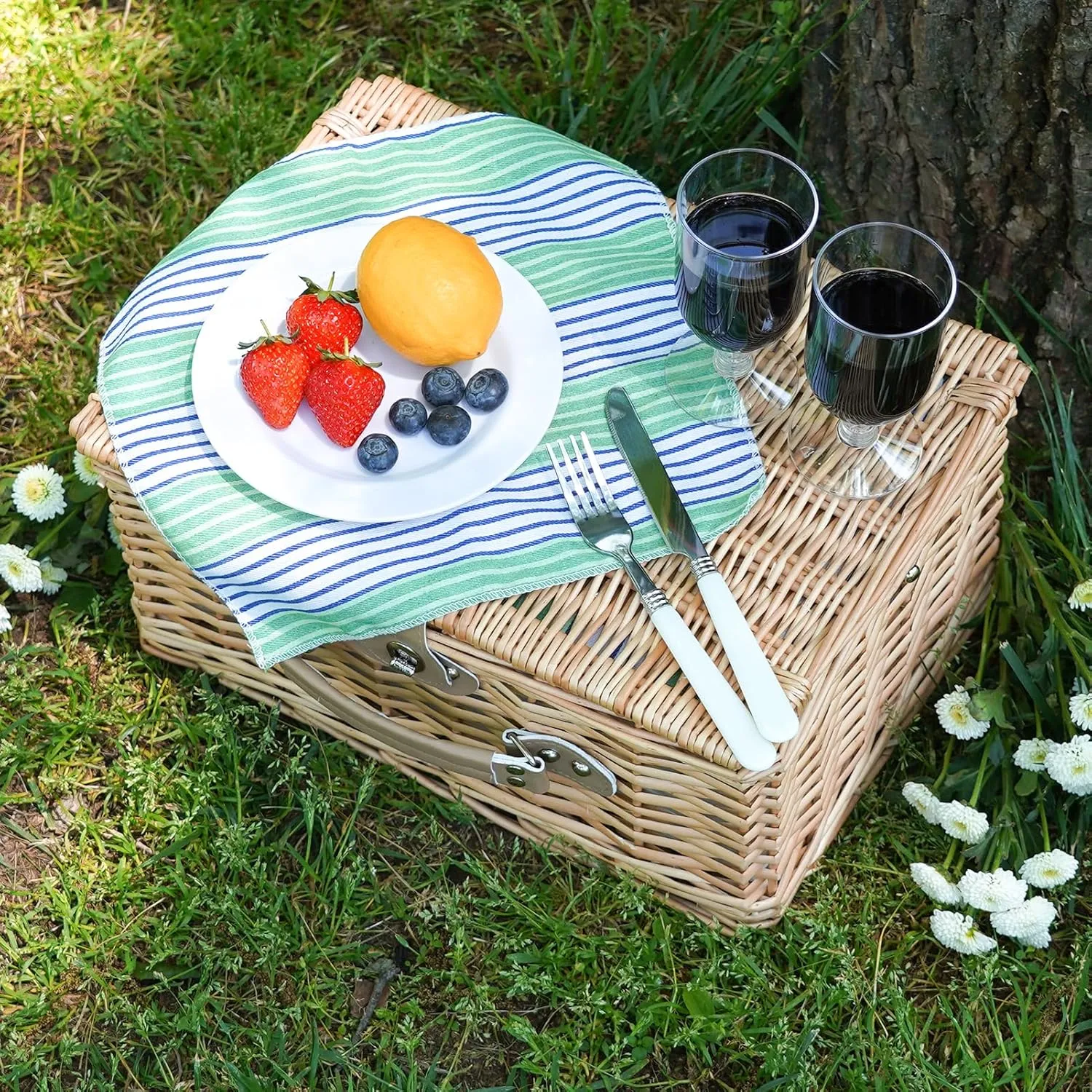 Wicker Picnic Basket for 2 Person, Willow Hamper Basket Sets with Insulated Compartment, Handmade 2 Person Picnic Basket Classical Green Stripe with Utensils Cutlery Perfect for Picnic, Camping