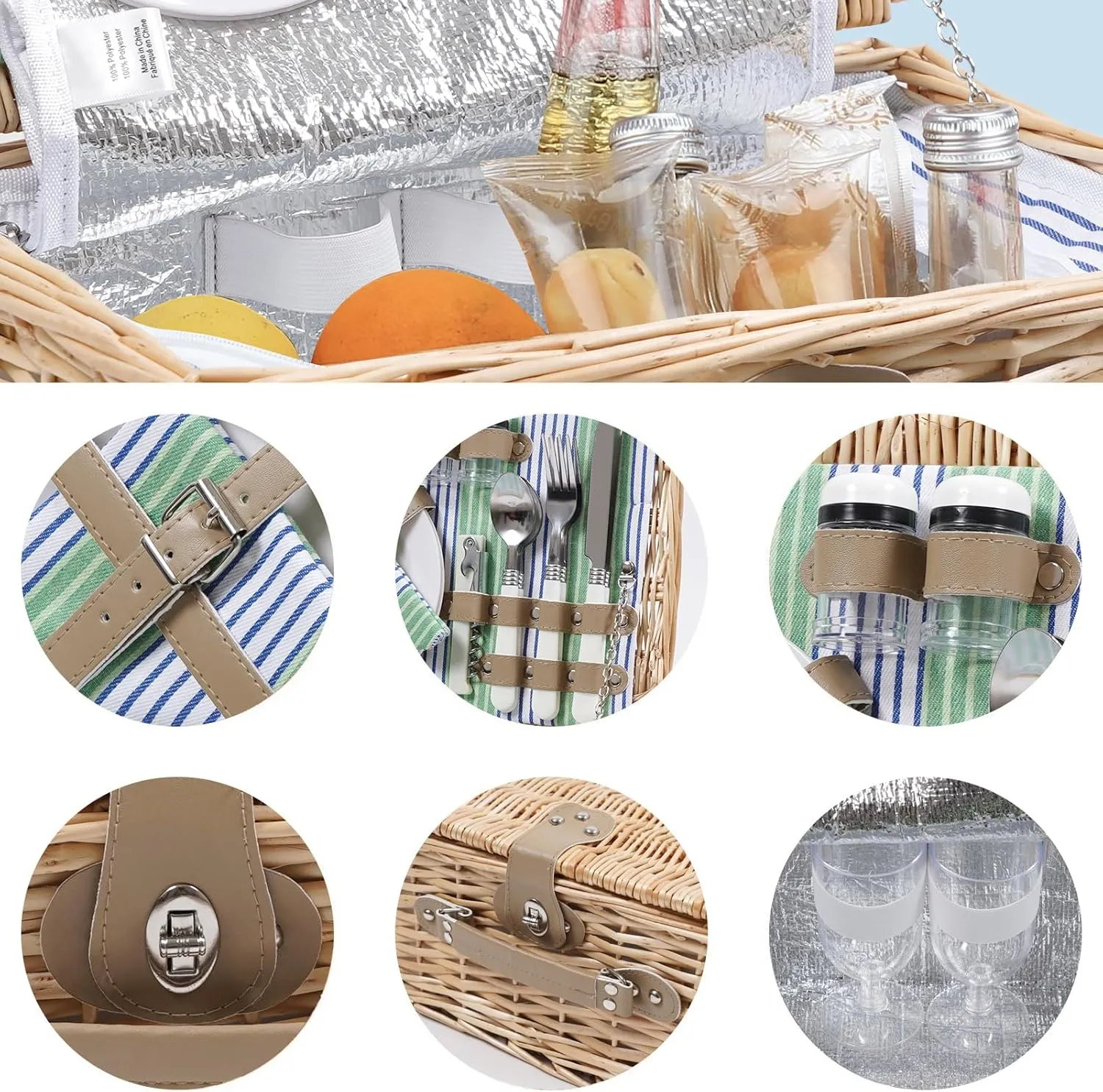 Wicker Picnic Basket for 2 Person, Willow Hamper Basket Sets with Insulated Compartment, Handmade 2 Person Picnic Basket Classical Green Stripe with Utensils Cutlery Perfect for Picnic, Camping