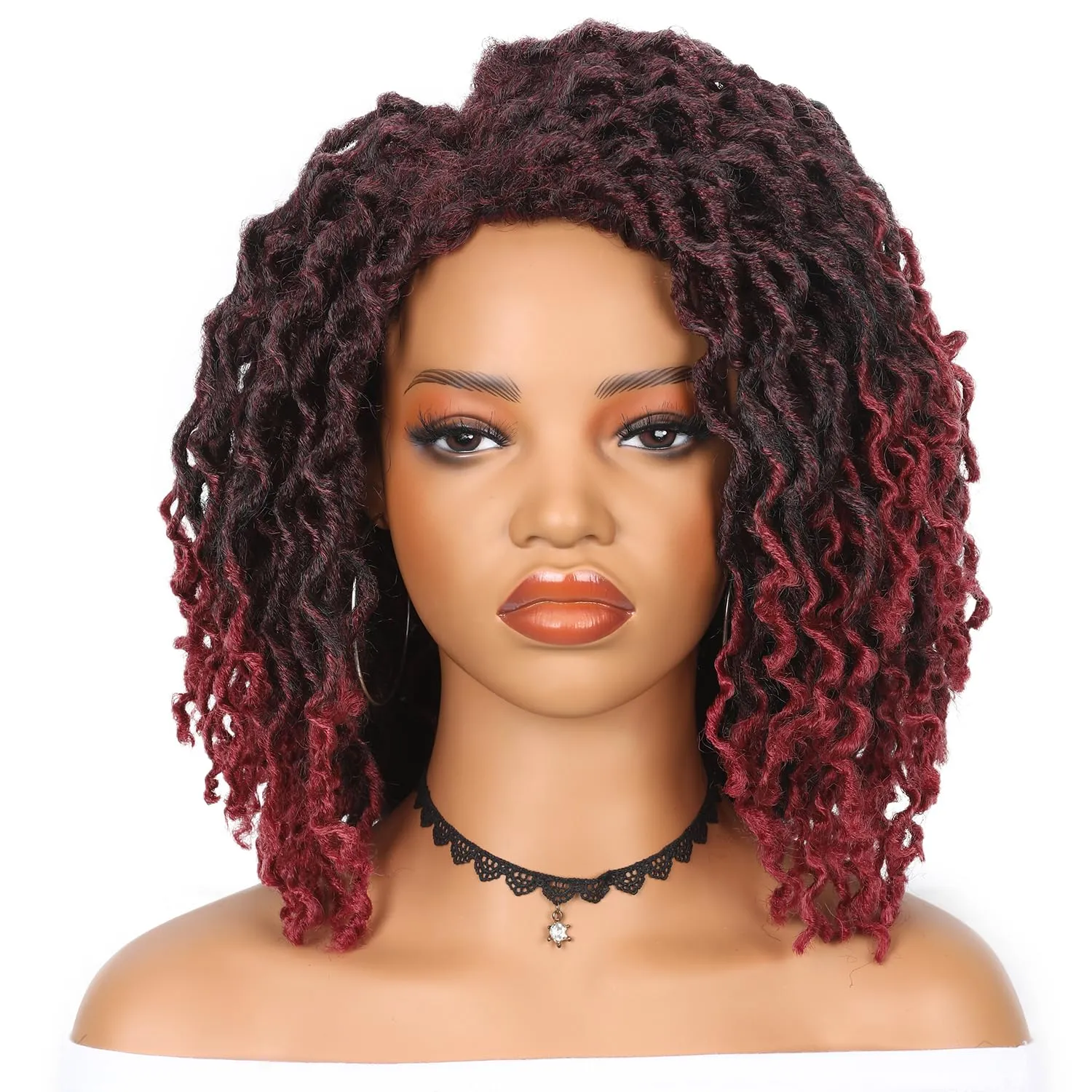 WIGER Short Dreadlock Wig for Black Women Ombre BUG Curly Bob Faux Locs Hair Wigs Twisted Wigs Braided Glueless African American Hair Burgundy Afro Kinky Synthetic Dreads Wig