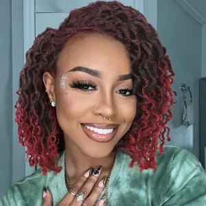 WIGER Short Dreadlock Wig for Black Women Ombre BUG Curly Bob Faux Locs Hair Wigs Twisted Wigs Braided Glueless African American Hair Burgundy Afro Kinky Synthetic Dreads Wig