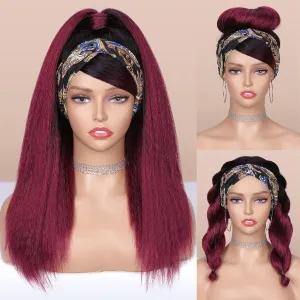 WIGNEE Red Kinky Straight Headband Wig for Women 18 Inches Burgundy Kinky Wig Yaki Straight Wigs with Black Headband Kinky Straight Wigs for Black Women (1-1B/BUG, 18 Inch)