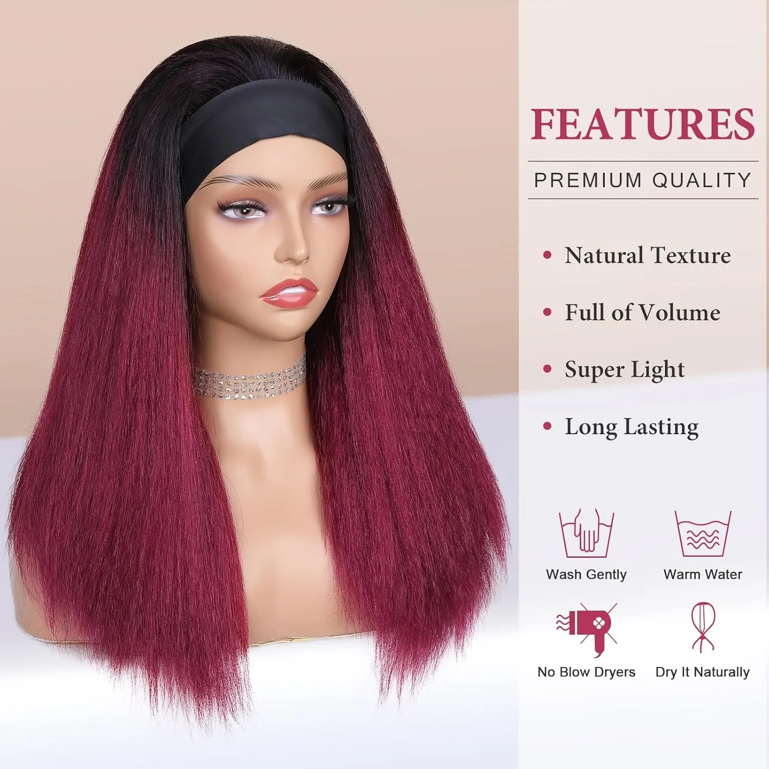 WIGNEE Red Kinky Straight Headband Wig for Women 18 Inches Burgundy Kinky Wig Yaki Straight Wigs with Black Headband Kinky Straight Wigs for Black Women (1-1B/BUG, 18 Inch)