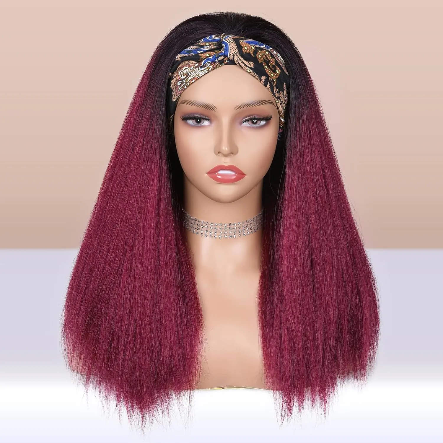 WIGNEE Red Kinky Straight Headband Wig for Women 18 Inches Burgundy Kinky Wig Yaki Straight Wigs with Black Headband Kinky Straight Wigs for Black Women (1-1B/BUG, 18 Inch)
