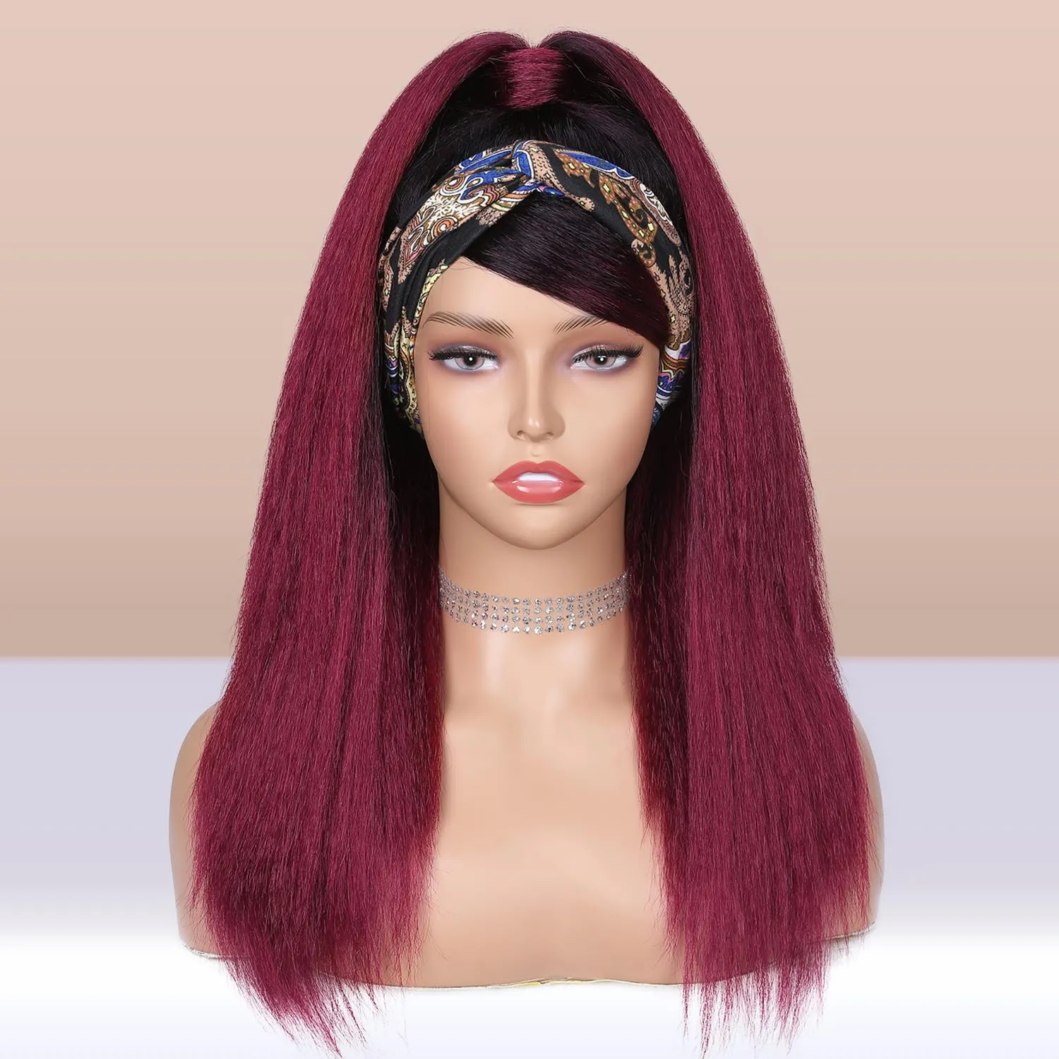 WIGNEE Red Kinky Straight Headband Wig for Women 18 Inches Burgundy Kinky Wig Yaki Straight Wigs with Black Headband Kinky Straight Wigs for Black Women (1-1B/BUG, 18 Inch)
